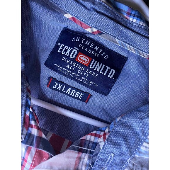 Ecko Unltd Mens 3XL Blue Red Check Plaid Button Up Shirt Y2K - Picture 3 of 5